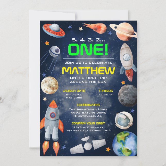 Convite Outer Space First Birthday Invitation (Frente)