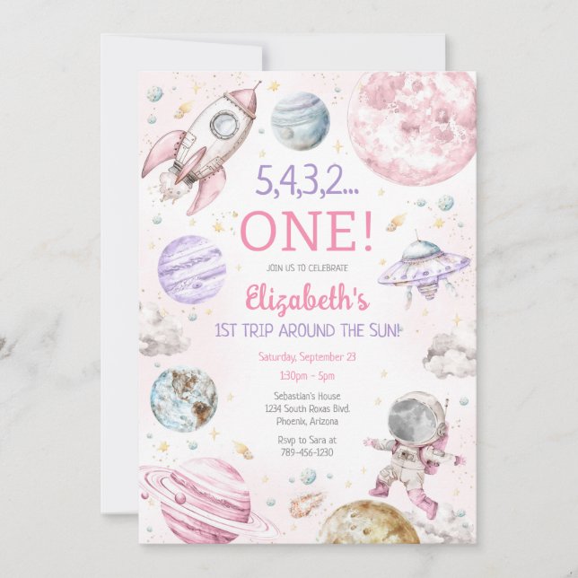 Convite Outer Space First Trip Around The Sun 1st Birthday (Frente)