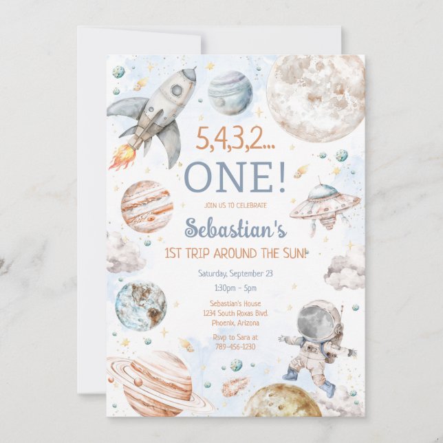 Convite Outer Space First Trip Around The Sun 1st Birthday (Frente)