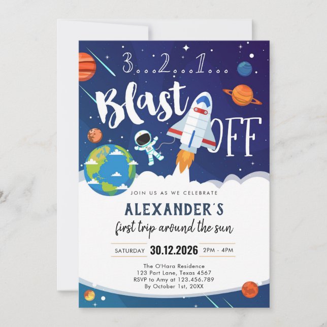 Convite Outer Space First Trip Around the Sun 1st Birthday (Frente)