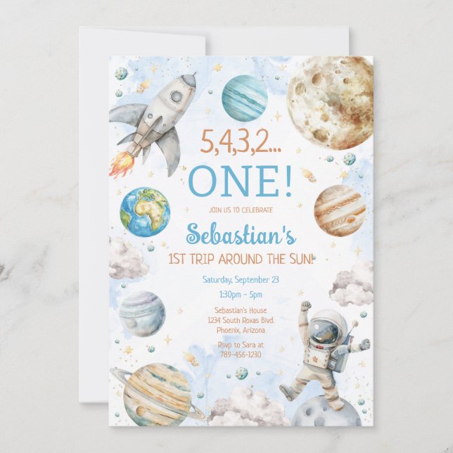 Convite Outer Space First Trip Around The Sun 1st Birthday (Frente)