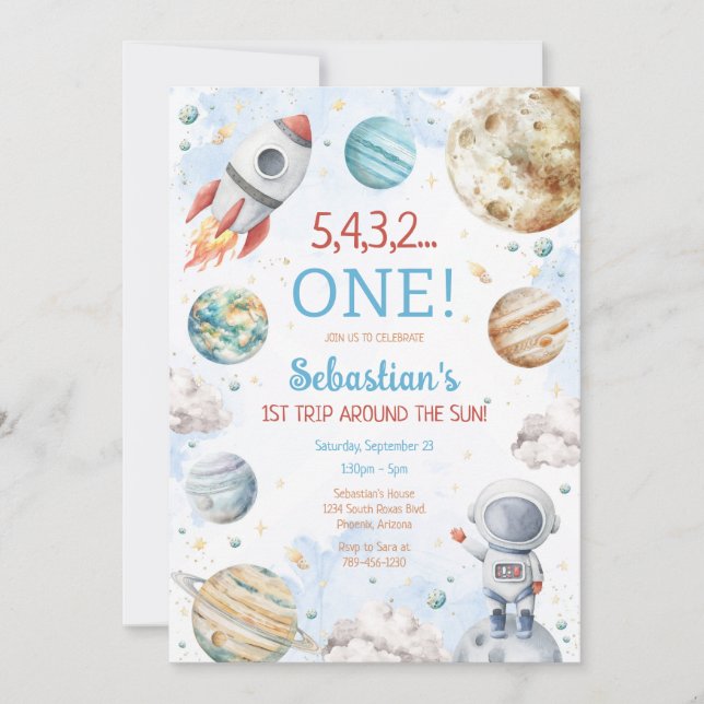 Convite Outer Space First Trip Around The Sun 1st Birthday (Frente)