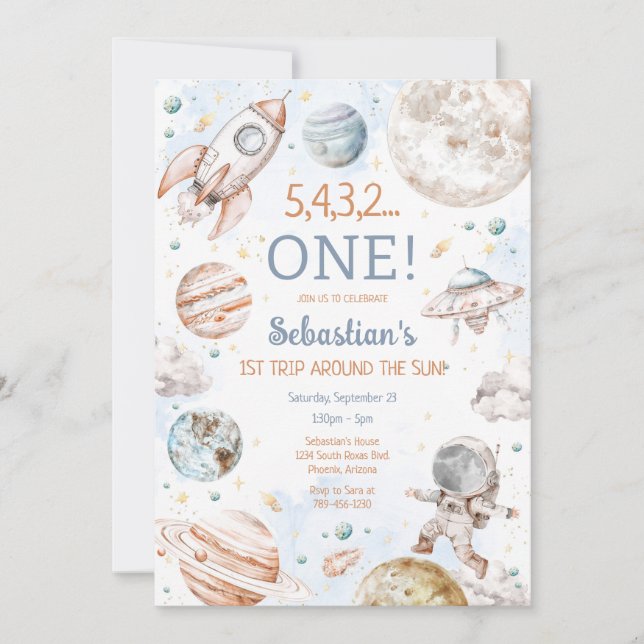 Convite Outer Space First Trip Around The Sun 1st Birthday (Frente)