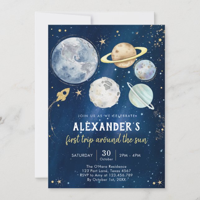 Convite Outer Space First Trip Around the Sun 1st Birthday (Frente)