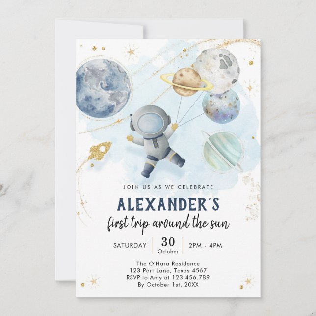 Convite Outer Space First Trip Around the Sun 1st Birthday (Frente)