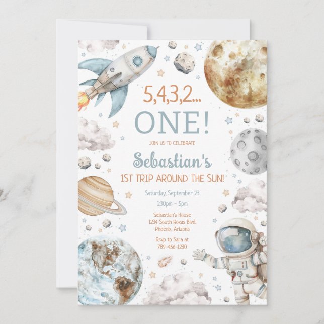 Convite Outer Space First Trip Around The Sun 1st Birthday (Frente)