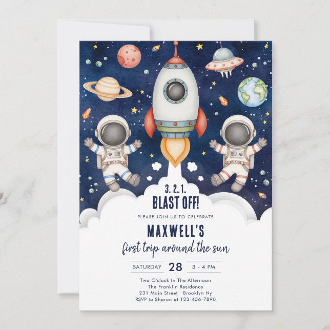 Convite Outer Space Planets Astronaut Boy Birthday (Frente)