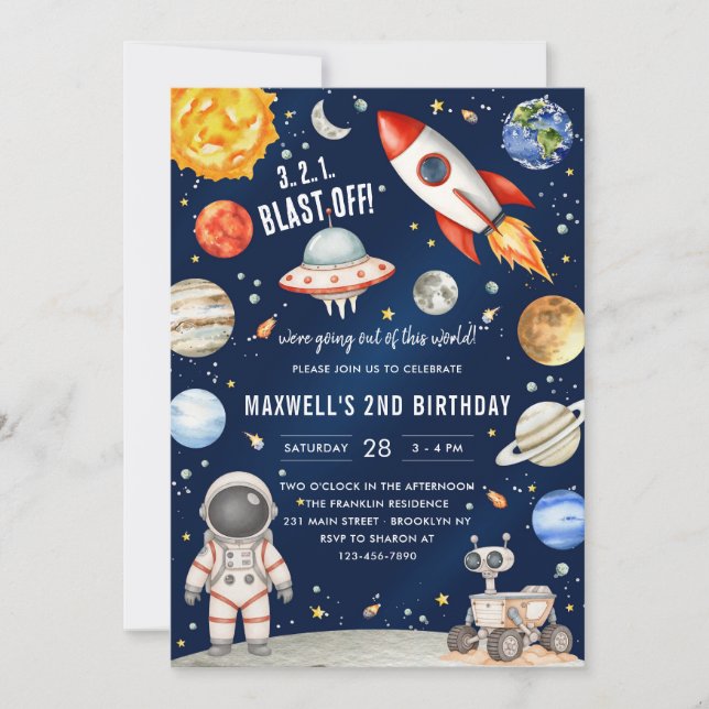 Convite Outer Space Planets Astronaut Boy Birthday (Frente)