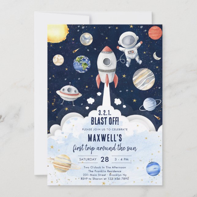 Convite Outer Space Planets Astronaut Boy Birthday (Frente)