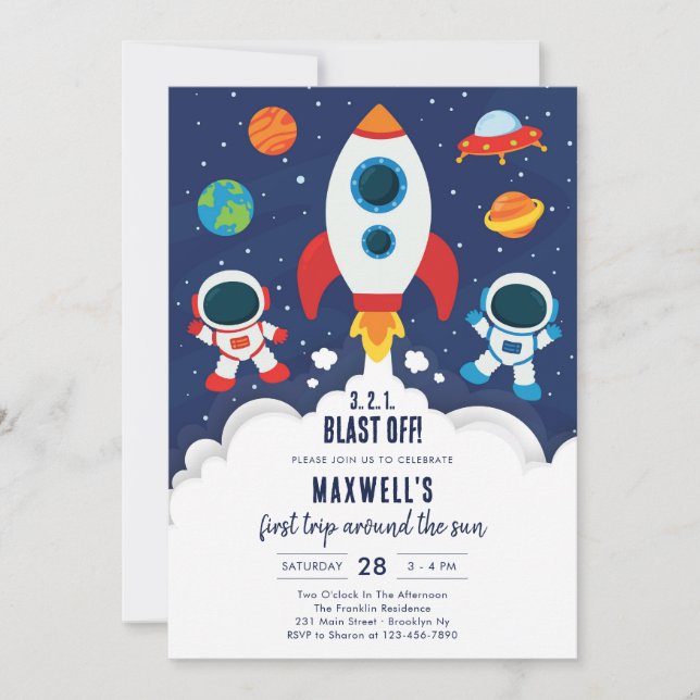 Convite Outer Space Planets Astronaut Boy Birthday (Frente)