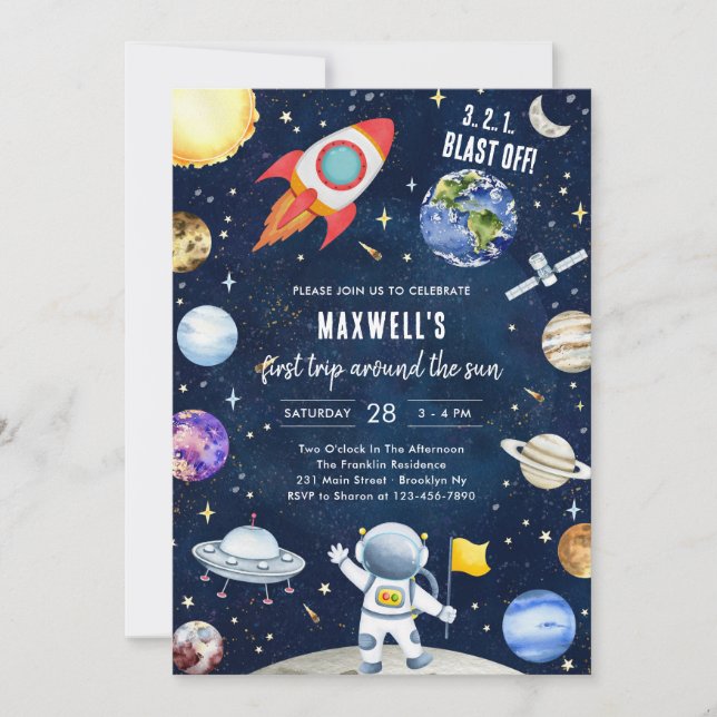 Convite Outer Space Planets Astronaut Boy Birthday (Frente)