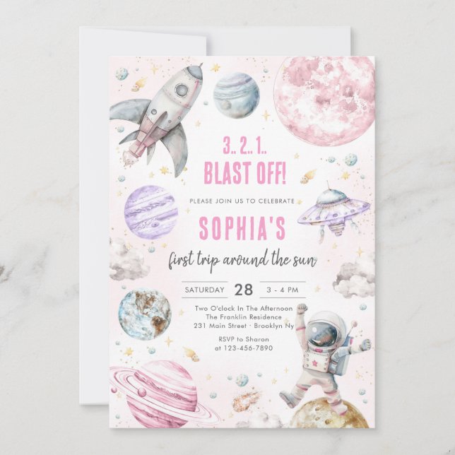 Convite Outer Space Planets Astronaut Girl Birthday (Frente)