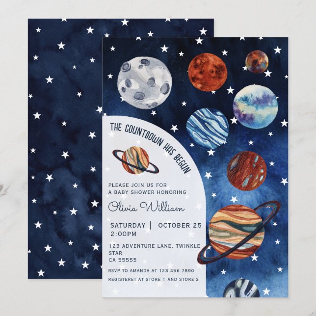 Convite Outer Space Planets Navy Blue Boy Baby Shower  (Frente/Verso)
