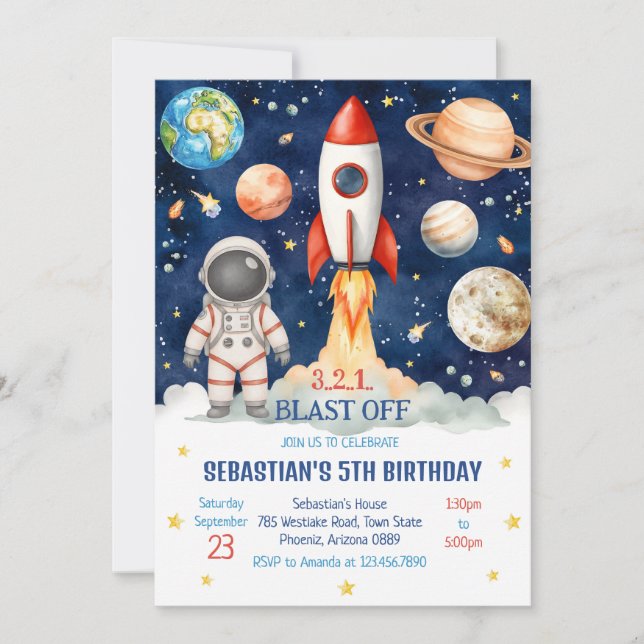 Convite Outer Space Rocket Ship Astronaut Galaxy Birthday  (Frente)