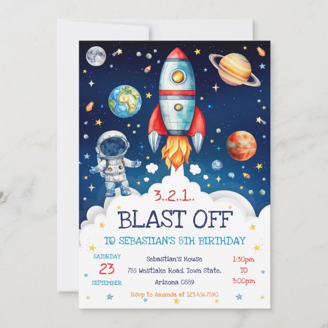 Convite Outer Space Rocket Ship Astronaut Galaxy Birthday  (Frente)