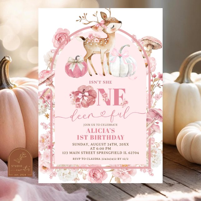 Convite Outono Abóbora Branca e Rosa Onedeerful Aniversári (Criador carregado)