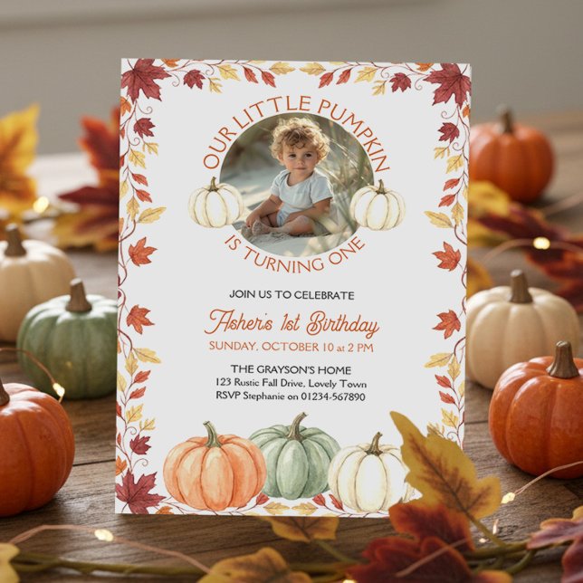 Convite Outono Abóbora Rústica 1º Aniversário Foto Boho (Little Pumpkin 1st birthday invitation with delicate rustic fall halloween theme by Darling & May)