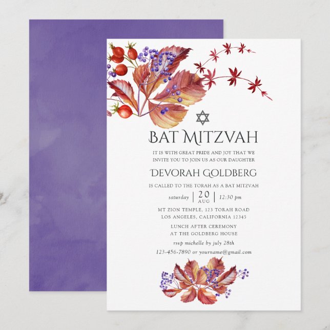 Convite Outono - Aquarela Folhas Bat Mitzvah (Frente/Verso)