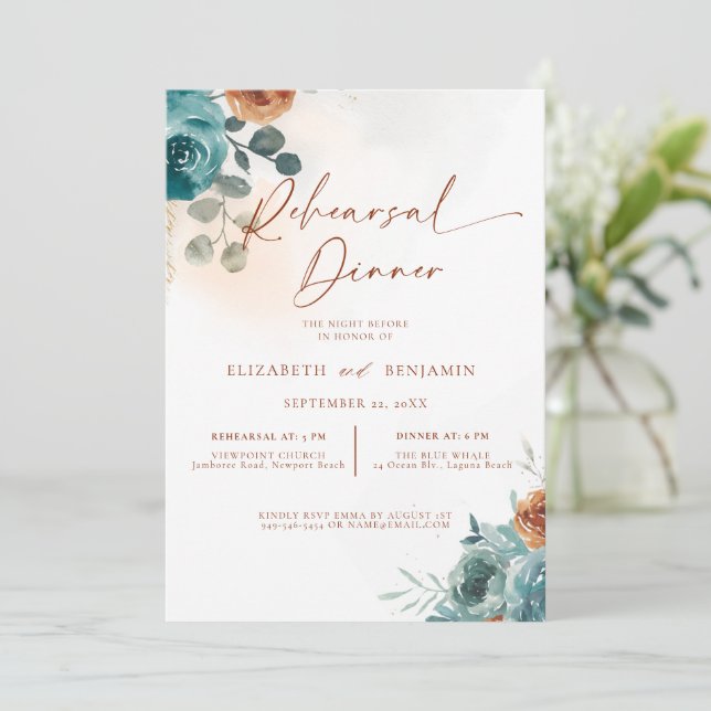 Convite Outono Azul-Verde Laranja Queimada Boho Casamento  (Em pé/Frente)