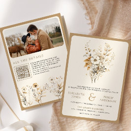 Convite Outono Boho Foto Código QR Flor Silvestre Casament