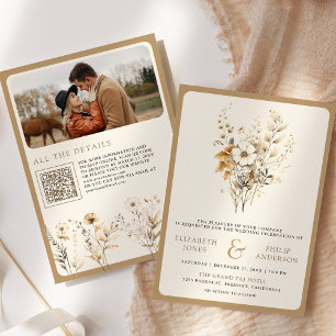 Convite Outono Boho Foto Código QR Flor Silvestre Casament
