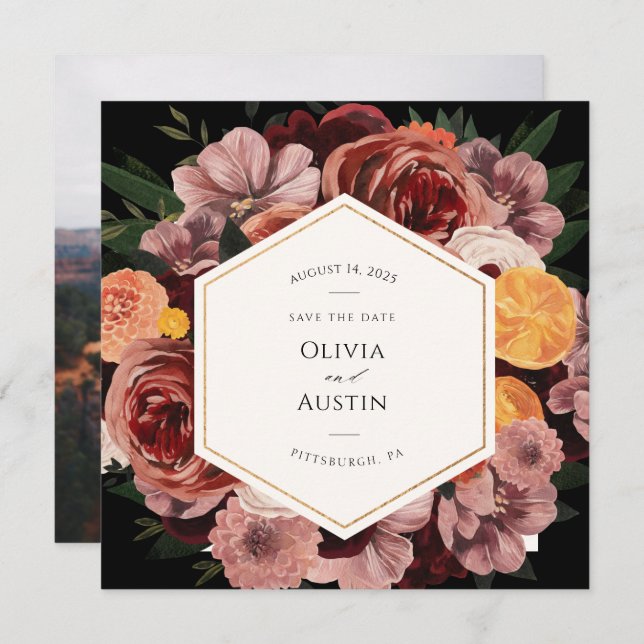 Convite Outono Burgundy Floral Save the Date Foto (Frente/Verso)