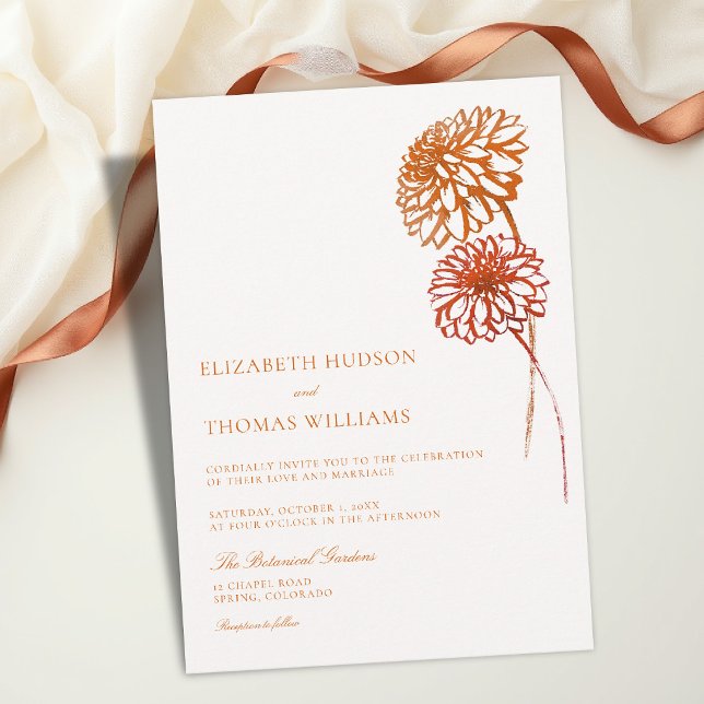 Convite Outono Cobre Queimado Esboço Dálias Modernas Casam (fall wedding invitation dahlia floral burnt copper terracotta brown aesthetic template card modern)