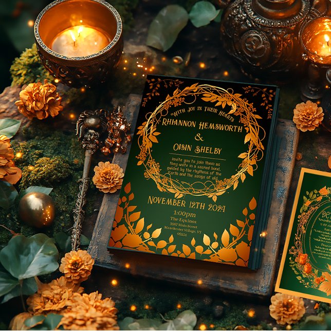 Convite Outono de Druid Hill Verde e Laranja Encantado (Druid Hill Autumn Wreath Green and Orange Wedding Invitation )
