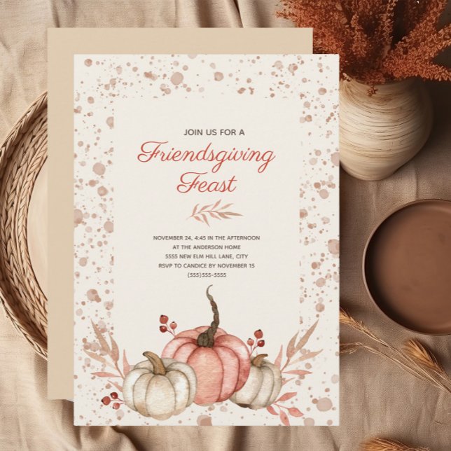 Convite Outono do País Russo Banquete de Amizade (Rustic orange and white pumpkins watercolor Friendsgiving Dinner Invitation)