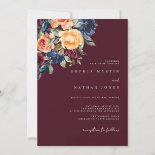 Convite Outono Florais Aquarela Burgundy Casamento