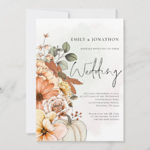 Convite Outono Floral Abóbora Rótulo Código QR Casamento