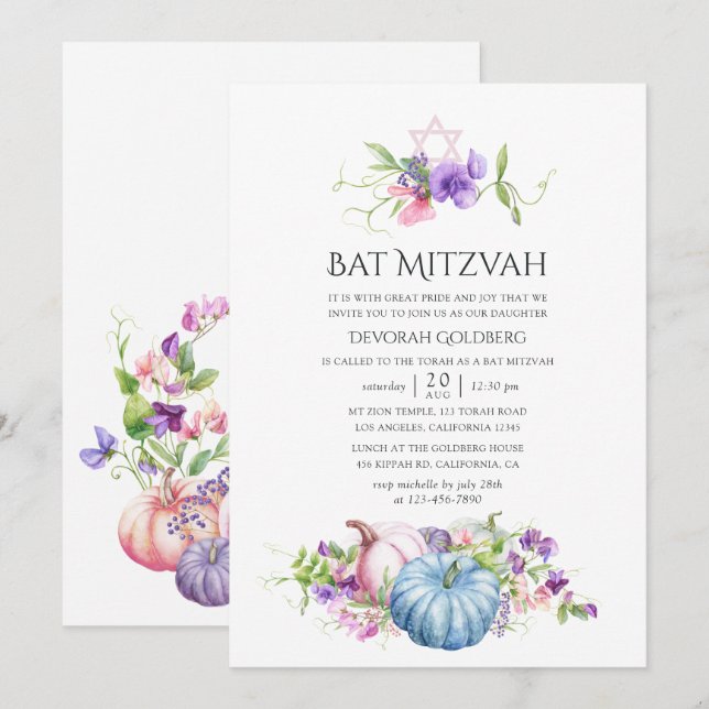 Convite Outono - Floral Bat Mitzvah (Frente/Verso)