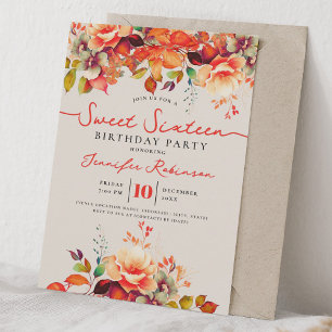 Convite Outono Floral Doce 16 Aniversário Champanhe