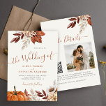 Convite outono outono outono QR boho casamento botânico<br><div class="desc">Flores botânicas de cor rústica modernas, abóbora, folhagem e folhas secas, fazer barato de outono chic, tudo em um convite de casamento branco, com um roteiro de caligrafia de caligrafia de caligrafia de caligrafia e paleta de cor bege de terracota. Personalize-o com a sua fotografia e o seu código QR...</div>