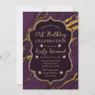Convite Outono Roxo e Dourado Mármore 21º Aniversário