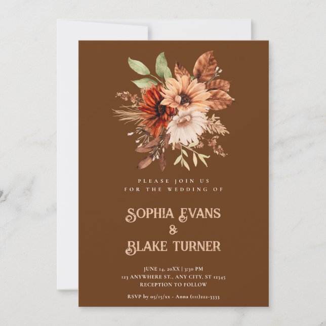 Convite Outono Rústico Floral Botânico Caramelo Casamento (Frente)