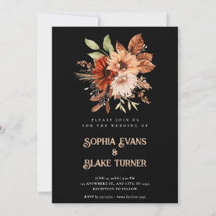 Convite Outono Rústico Floral Botânico Casamento Preto
