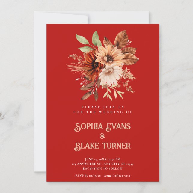 Convite Outono Rústico Floral Botânico Casamento Vermelho  (Frente)