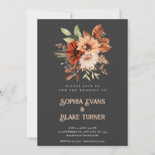 Convite Outono Rústico Floral Botânico Cinza Casamento