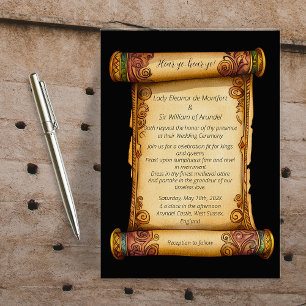 Convite Ouvi-vos Pergaminho Medieval Ornamentado Casamento