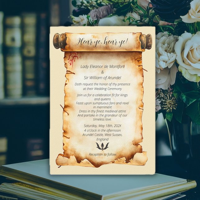 Convite Ouvir Ye Casamento de Rolagem Idade Medieval (Hear Ye Medieval Aged Scroll Wedding Invitation)