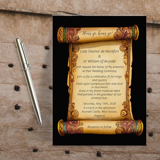 Convite Ouvir Ye Ornamentado medieval de rolagem (Hear Ye Medieval Scroll Ornate Wedding Invitation)