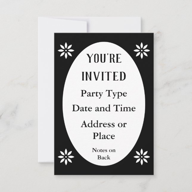 Convite Oval Floral Vitoriano Negro Elegante (Frente)