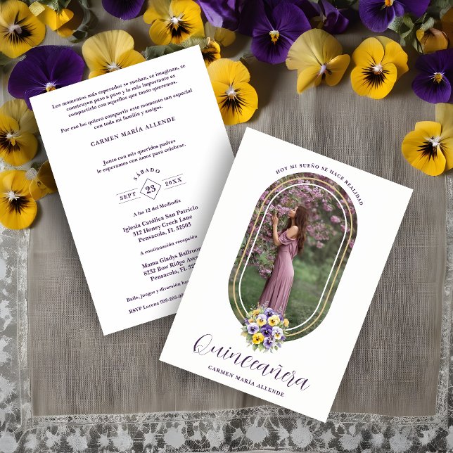Convite Oval Spanish Chic Floral Bouquet Photo Quinceañera (Oval Spanish Chic Pansies Floral Bouquet Quinceañera Invitation Card with Envelope. )