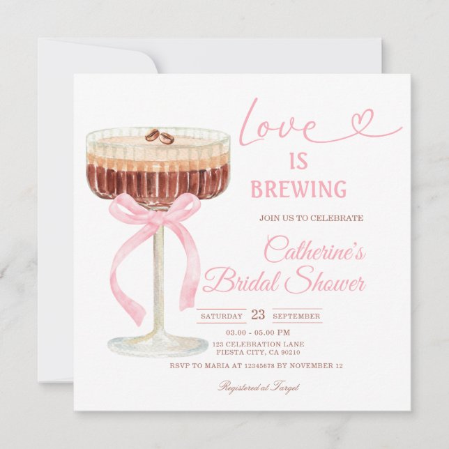 Convite ove Is Brewing Bridal Shower Coffee Martini Theme (Frente)