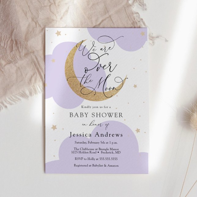 Convite Over the Gold Moon Purple Baby Shower invitation (Criador carregado)