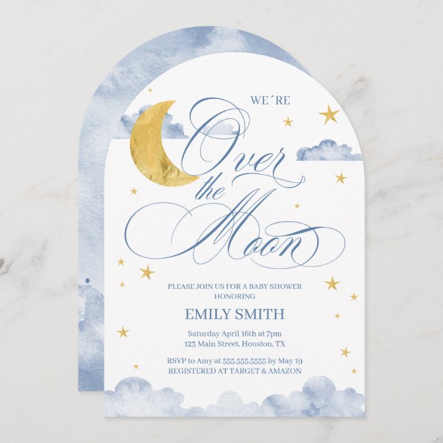 Convite Over The Moon Baby Shower (Frente/Verso)