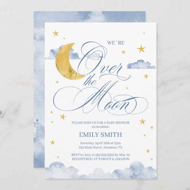 Convite Over The Moon Baby Shower (Frente/Verso)