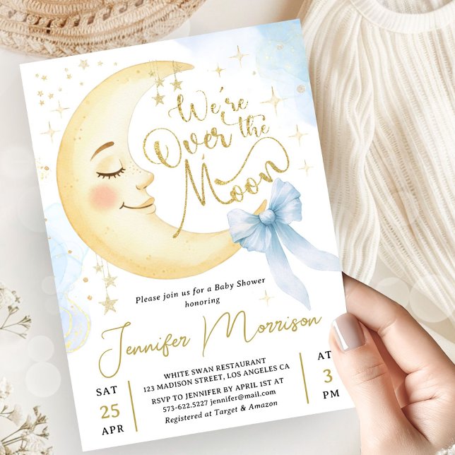 Convite Over the Moon Baby Shower Boy Blue Bow Moon (Criador carregado)