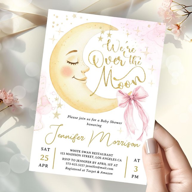 Convite Over the Moon Baby Shower Girl Pink Bow Cute Moon (Criador carregado)